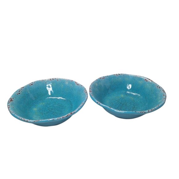 Pier‎ 1 Imports Carmelo Melamine Cereal Bowls Teal Blue Crackle Rustic Aqua Set - Picture 6 of 6